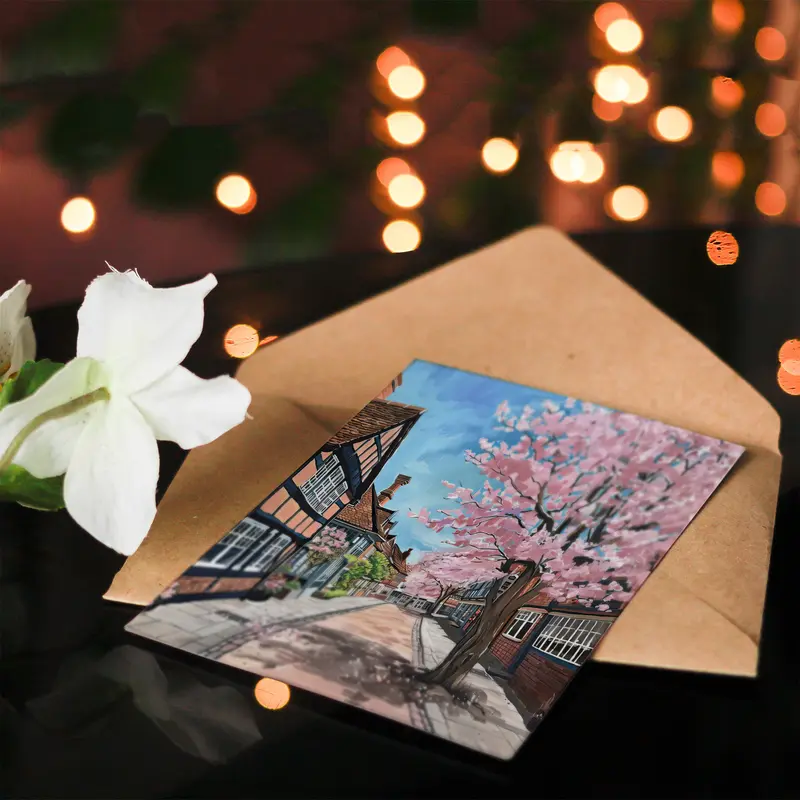 Cherry Blossom Lymm Village Cheshire Painting Birthday Art Card 3