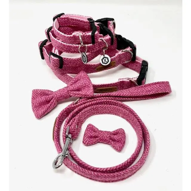 Dog Collar with matching Lead and Bow Tie - Pink Herringbone Tweed