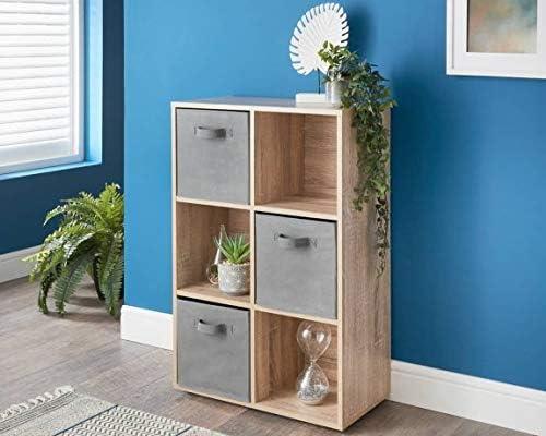 spot on dealz 6 Cubes Wooden Storage Shelving Unit Oak With 3 Grey Fabric Woven Drawer Basket Bookcase Home Office Use Display Furniture Living Room furniture Decor 1