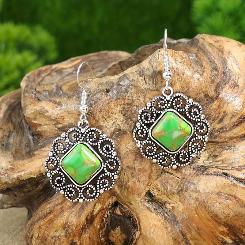 Boho Style Jewelry Set with 3-Piece Earrings and Necklace, Inlaid Green Gemstone and Cute Flower Edge - Great Gift for Her 2