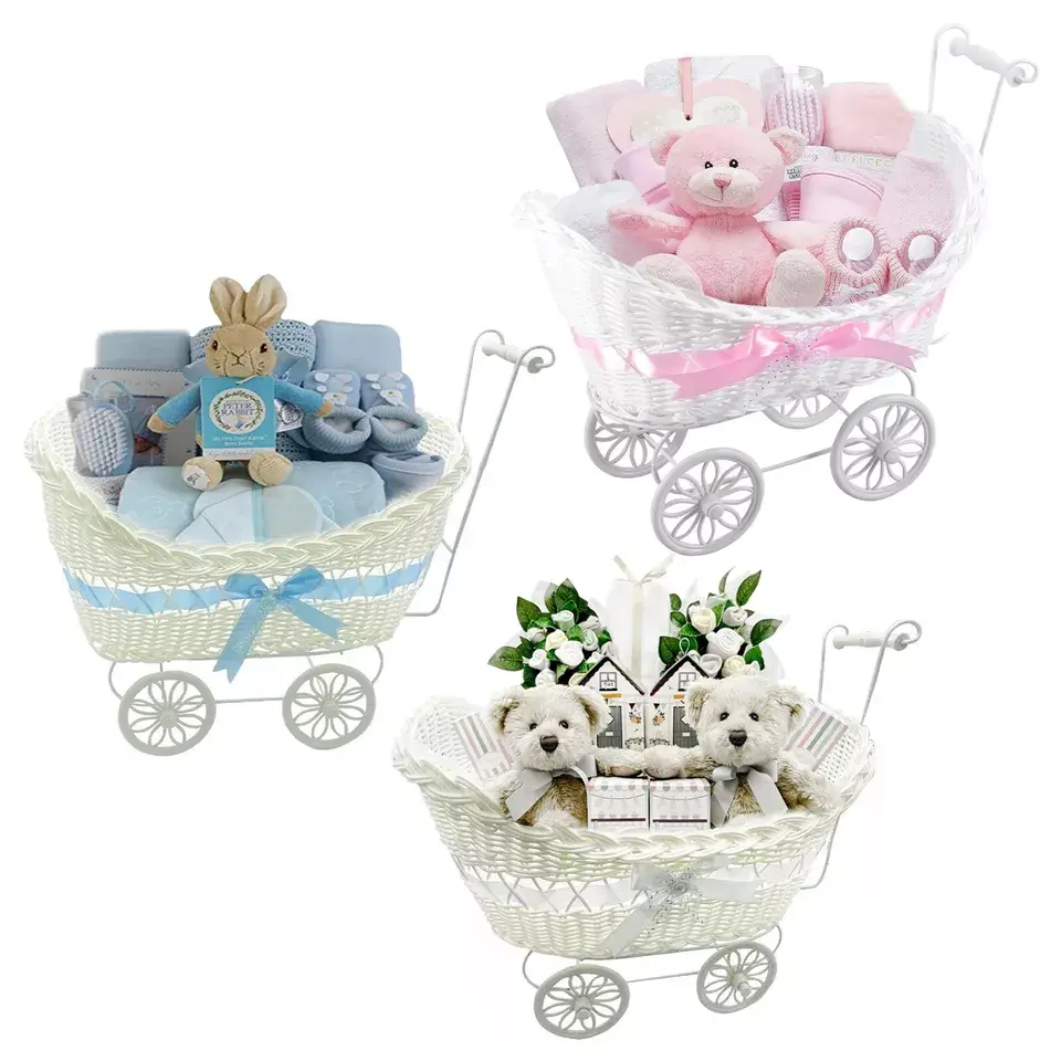GIRLS BOYS PRAM BASKET GIFT LARGE WICKER STYLE HAMPER NEW BORN BABY SHOWER PARTY Decoration Flower