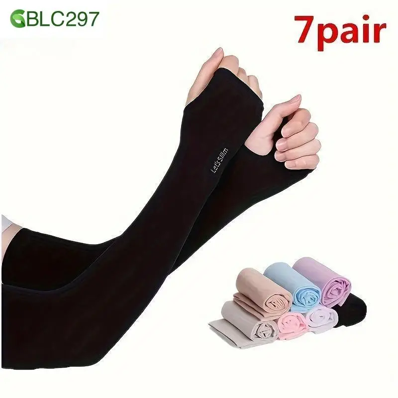 [HOEBO]7 Pairs, Unisex Cooling Arm Sleeves, UV Protection Sunblock Gloves For Women, Summer Ice Silk Sleeve Covers, Anti-UV, Breathable & Stretchable, Various Colors