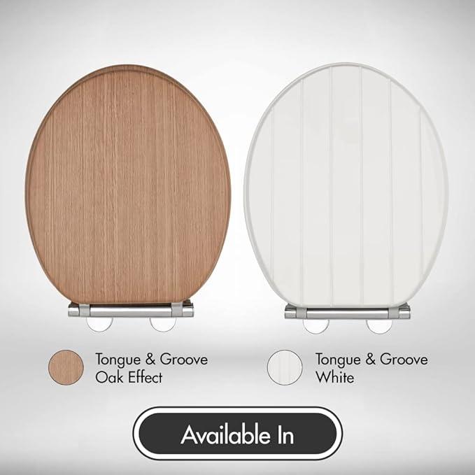 Oak Tongue and Groove Toilet Seat - Luxury Soft Close MDF Moulded Wood, Quick Release Button, Universal Fittings 3