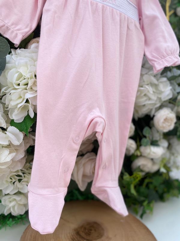 Pink Cotton Baby Girls Coming Home Up To 9 Month Smocked Flower Sleepsuit - Essex Babyclothes Boutique 2