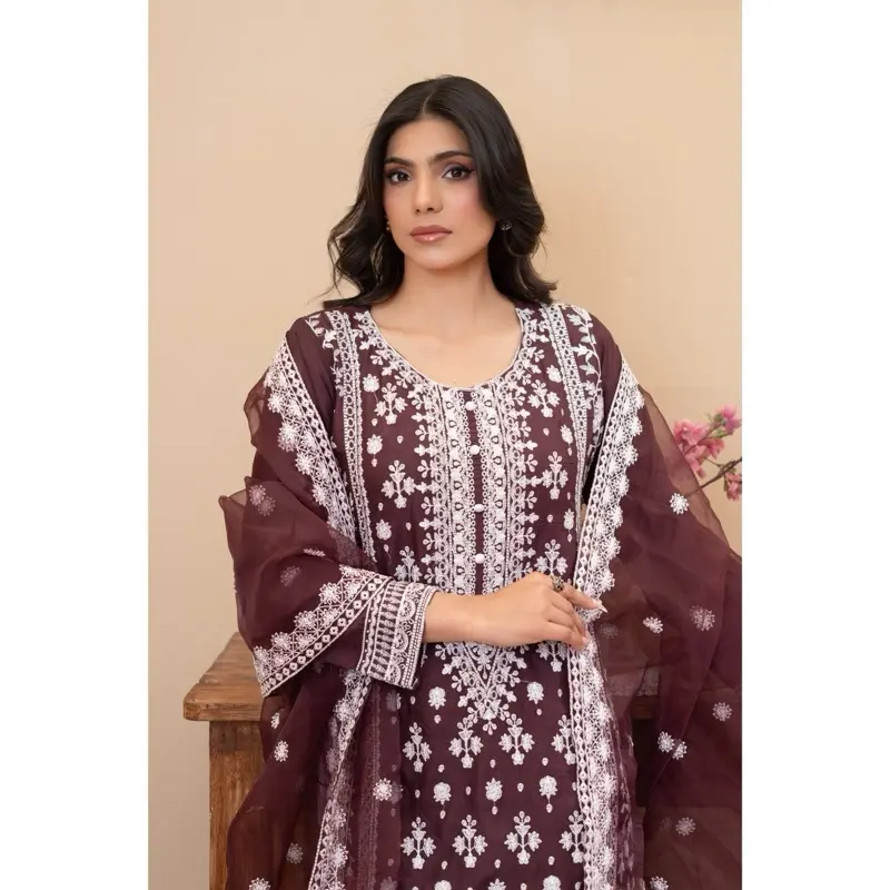 SAIMA FASHION (SL-03) LINEN EMBROIDERED | READYMADE 3 PC SUIT | EMBROIDERED SHIRT & SCARF WITH WIDE LEG BOTTOMS | PAKISTANI/INDIAN TRADITIONAL CLOTHING 8