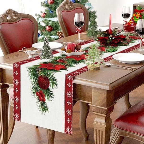 Red Christmas Table Runner 183 x 33cm, Christmas Table Runner Safflower, Red Linen Table Runner with Red Flower Christmas Tree Bells Print Table Runner for Xmas Santa Table Centrepiece Decorations 5