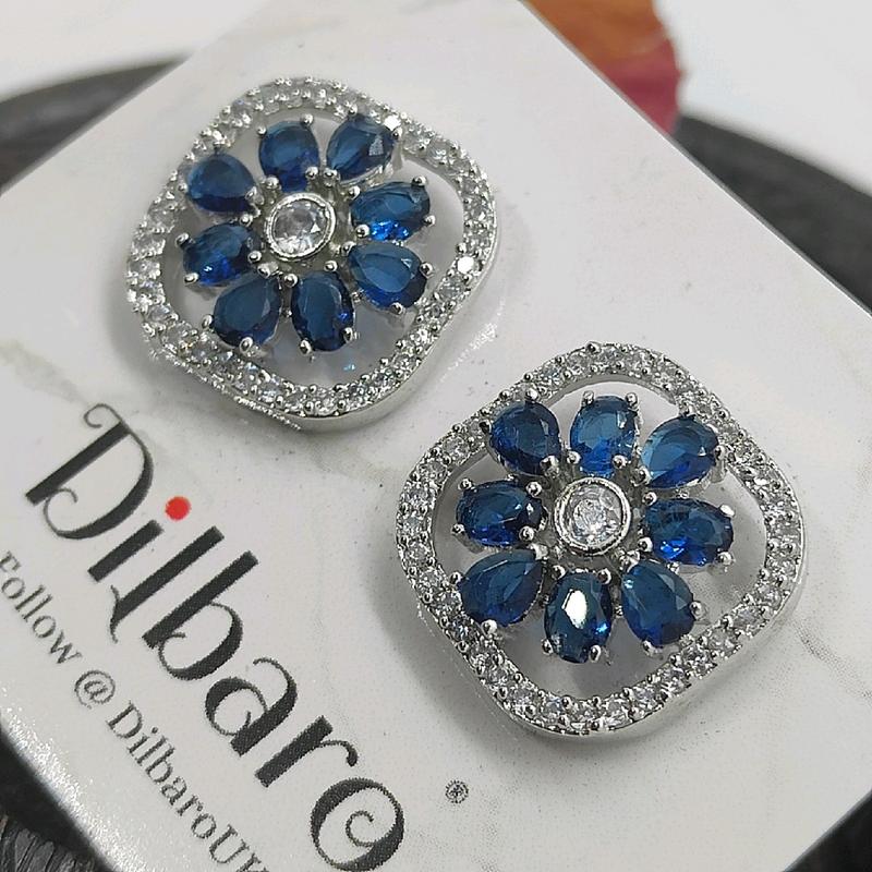 Dilbaro Silver Plated Zircon Stud Earrings AD Earrings AD Studs Premium Jewellery Green and Blue stone Ethnic Jewellery 5