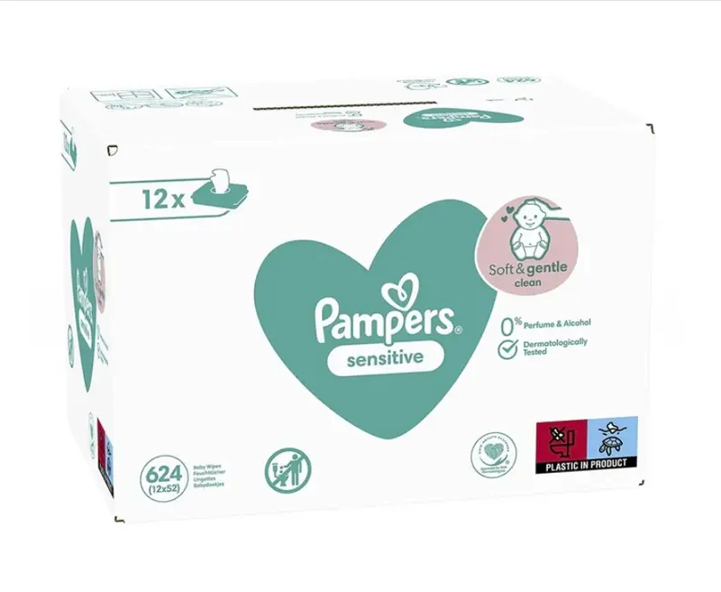 Pampers Sensitive Baby Wipes Pack of 12 x 52 Soft & Gentle Clean 1