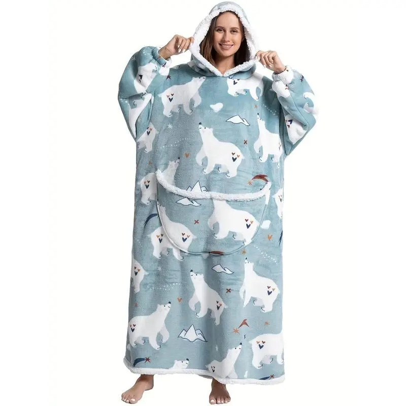 Q6-2 Oversized Wearable Blanket Composite Fleece Hoodie Robe,  Fleece Lined Warm One-Piece Pajamas with Large Pockets for Men, Women, Adults, and Teens
