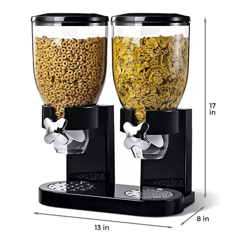 Plastic Double Cereal Dispenser for Home & Kitchen - Great for Cornflakes, Candy, Nuts, Beans, Granola - Tin, Utensils-(White)-(Black) 3