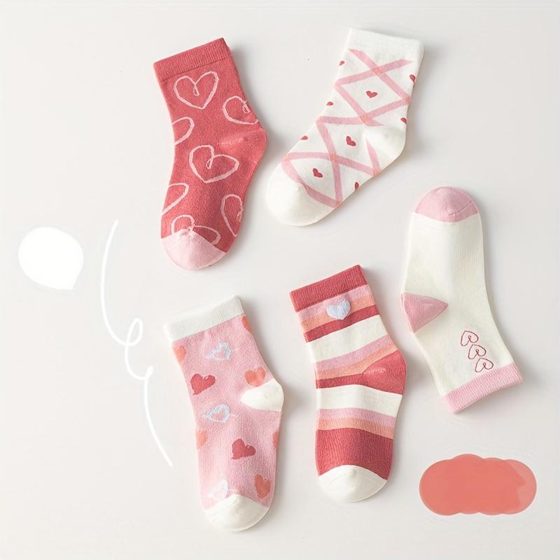 5 Pairs Girls Socks Set, Sweet Hearts And Stripes Print Crew Socks For Youth Kids 2