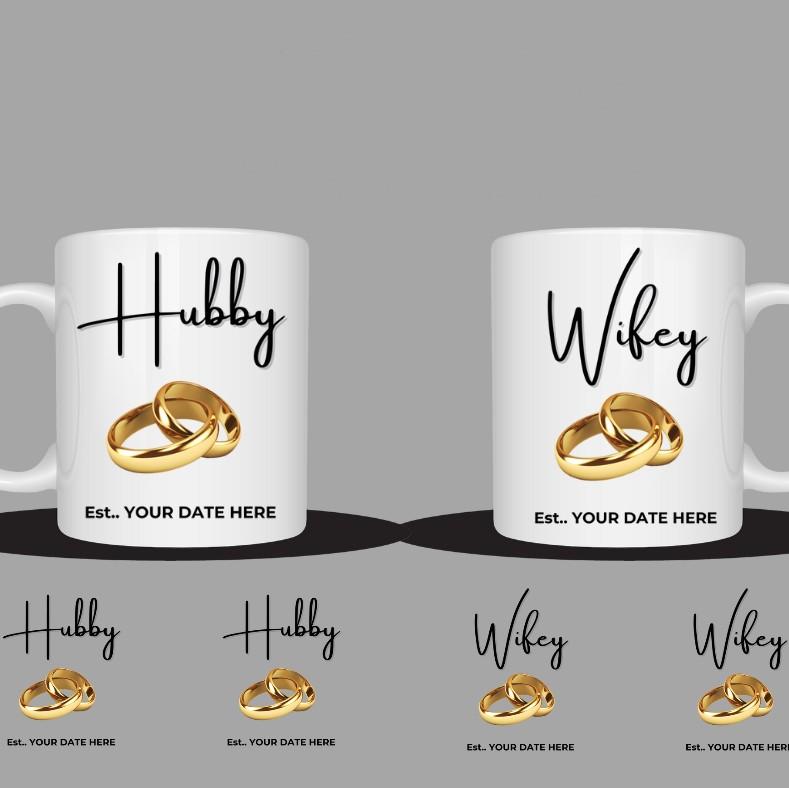 CUSTOMISED HUBBY  AND WIFEY MATCHING MUGS PERFECT FOR ANNIVERSARY OR WEDDING GIFT, personalised with name or date, various designs available 1