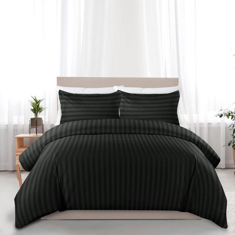 Satin Stripe Duvet Quilt Cover Bedding Set Single Double King Super-King Size W Pillowcases Microfiber Sleepdown Premium Hotel Quality Duvet Cover Set with Pillowcases Quilt Bedding Soft Easy Care Luxury Bed White Black Silver Cream Grey 5