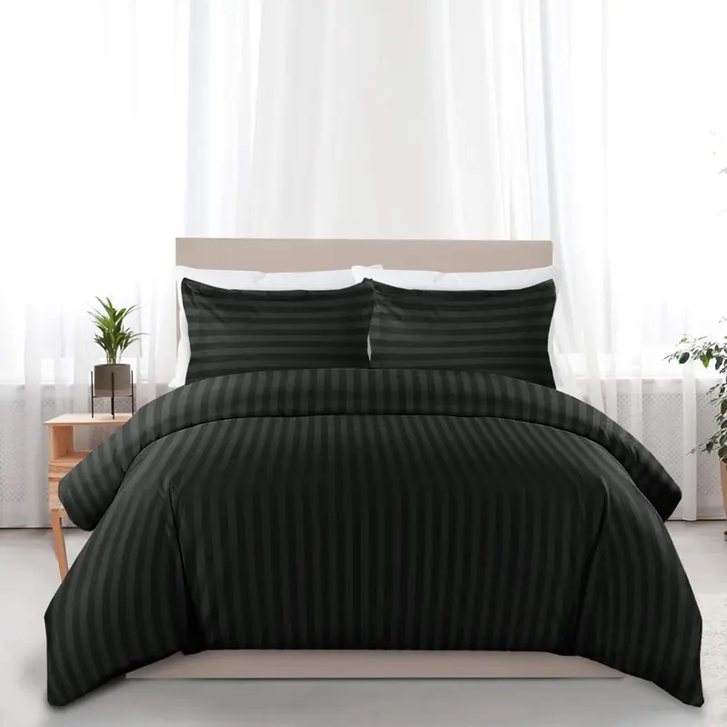 Satin Stripe Duvet Quilt Cover Bedding Set Single Double King Super-King Size W Pillowcases Microfiber Sleepdown Premium Hotel Quality Duvet Cover Set with Pillowcases Quilt Bedding Soft Easy Care Luxury Bed White Black Silver Cream Grey 5