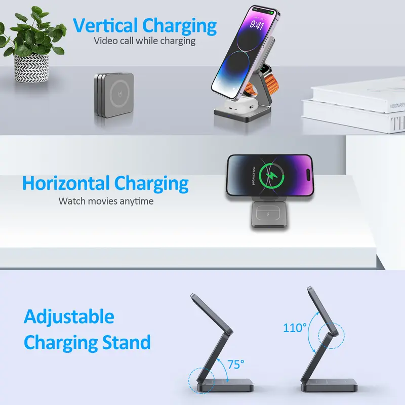 Product Introduction of Magnetic Aluminum Alloy Three-in-one Folding Wireless Charger 6