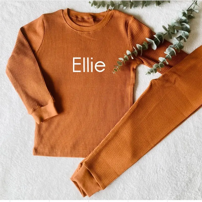 Childrens Personalised Ribbed Loungewear / Travel Sets / Casual  4/5 - 6/7 Years. Clay Colour. 1