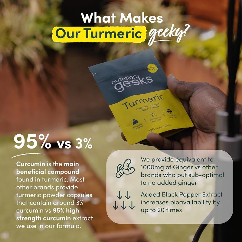 Nutrition Geeks Turmeric Tablets 2000 mg with Black Pepper & Ginger, High Strength Curcumin Supplements, Vegan and Gluten Free, UK Made, 120 Count magnesium  glycinate  3  1 guanfacine  natural  supplement Healthcare Fitness Edible Dietary Powder 1