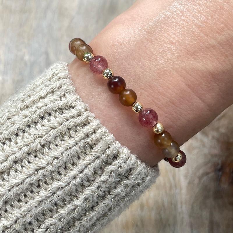 7IN - Strawberry Quartz & Frosted Agate -Natural Crystal Gemstone - Elasticated Beaded Bracelet - ABUNDANCE - Crystal Healing Benefits / Love / Grounding / Calming / 2