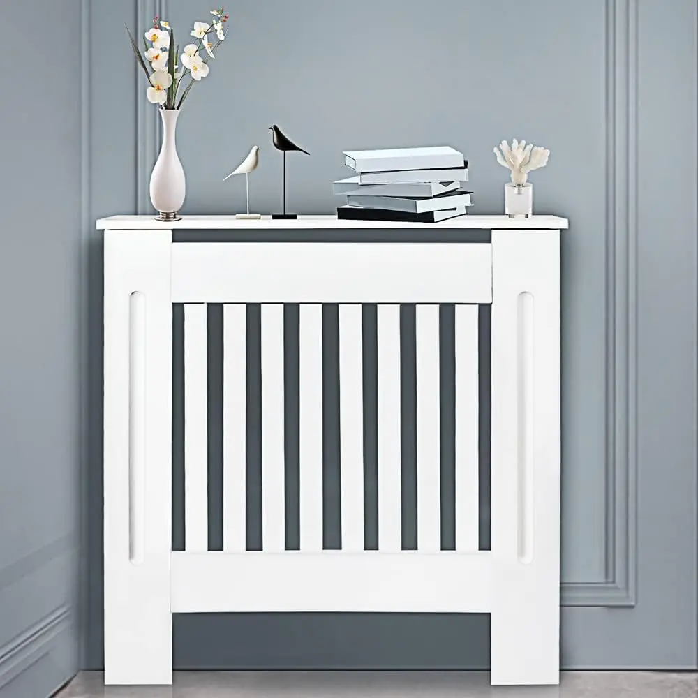 Radiator Cover Small, White Painted Vertical Slatted Grill Cabinet Shelf, Tall Covers, MDF Wooden Heating Living Room Furniture Hallway 78(L) x 19(D) 82(H)cm