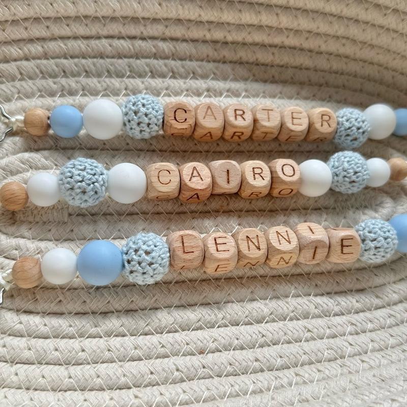 Personalised dummy clip baby boy - silicone and wooden beaded - Crochet bead - baby blue white and beige 3