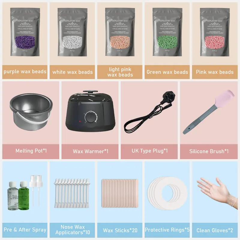 【Free Shipping】Waxing Kit for Women, Wax Pot for Hair Removal, Wax Heater Kit, 5 Packs Wax Beads and 20 Applicator Sticks, Painless Waxing Machine for Full Body Waxing Bee Body Care - No brand - Steel, Silicone 3