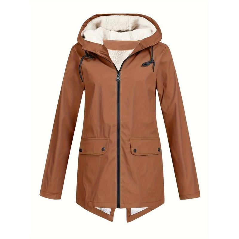 Flap Pockets Zip-up Hoodie Jacket, Casual Long Sleeve Drawstring Windbreaker Jacket For Fall & Winter, Women's Clothing Fabric Womenswear 5