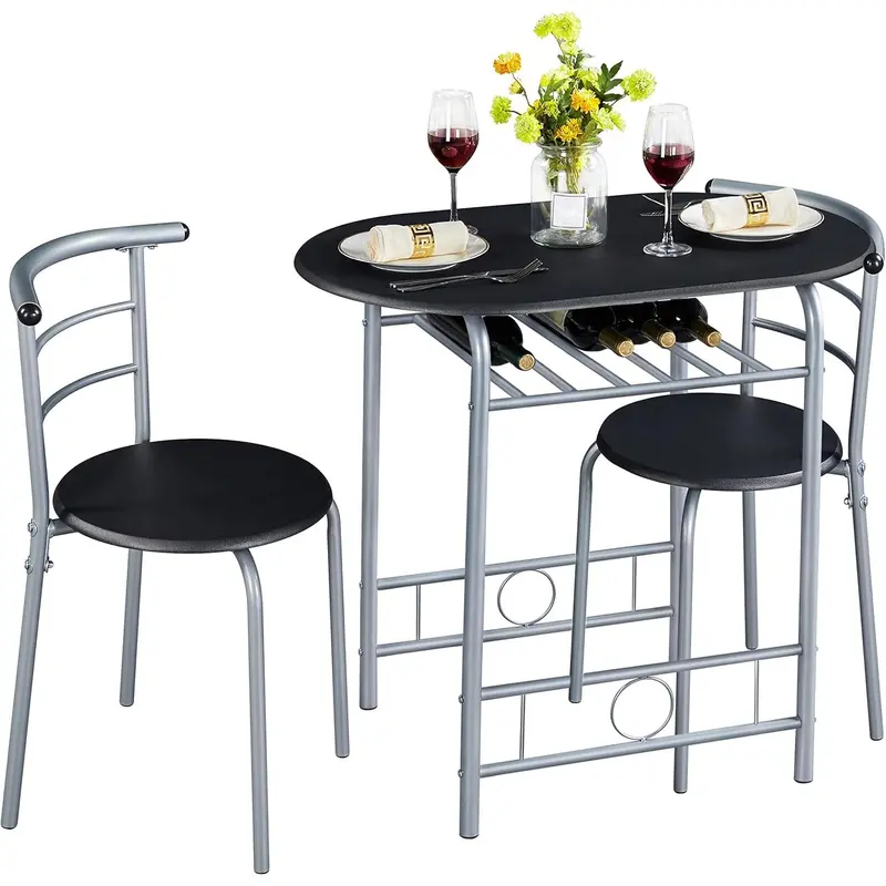 3 Piece Dining Table & Chairs Set, Compact Dining Room Set with Storage Shelf and Wine Rack, Modern Breakfast Bar Table Set for Kitchen/Apartments/Small Space, Black, 80x53x75.5cm 0