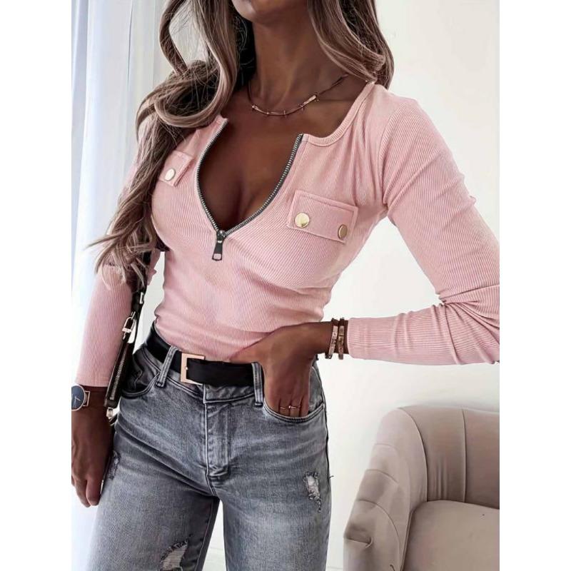Women's Plain Half Zipper Back Button Decor Tee, Casual Long Sleeve Round Neck T-shirt for Spring & Fall, Women's Top for Daily Wear 2