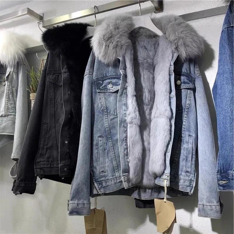 Product Introduction of Winter Women Warm Basic Coat Big Fur Collar Denim Jacket Female Cold Motorcycle Jackets Outerwear Fleece Thick Casual Overcoat 3