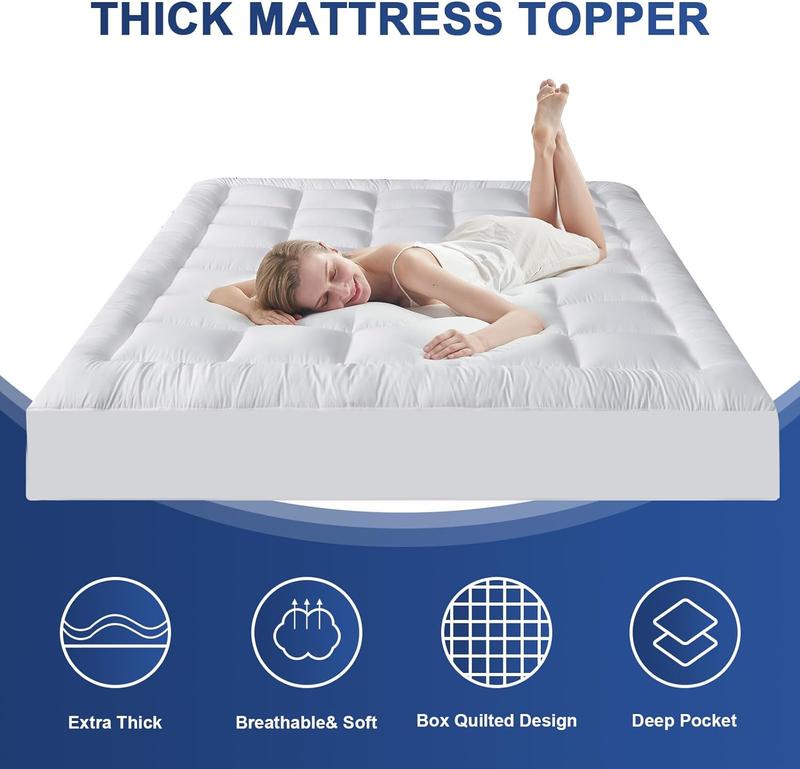 4" Inch Deep Mattress Topper 10cm Extra Thick Quilted Heavy Box Stitched Fluffy Hypoallergenic Microfiber with Strong Elasticated Corner Straps Matress Topper White Color Sizes Single, 4ft / Small Double, Double, King, Super King 1