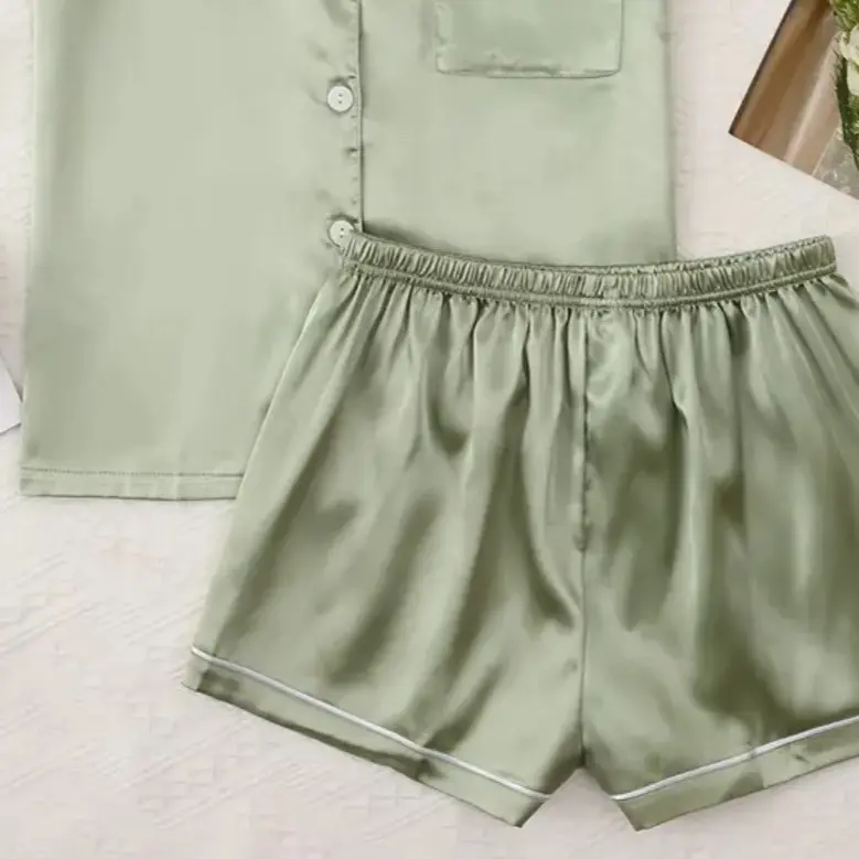 PLT Sage Green Satin Long Sleeve Shirt And Short PJ Set for Women 1