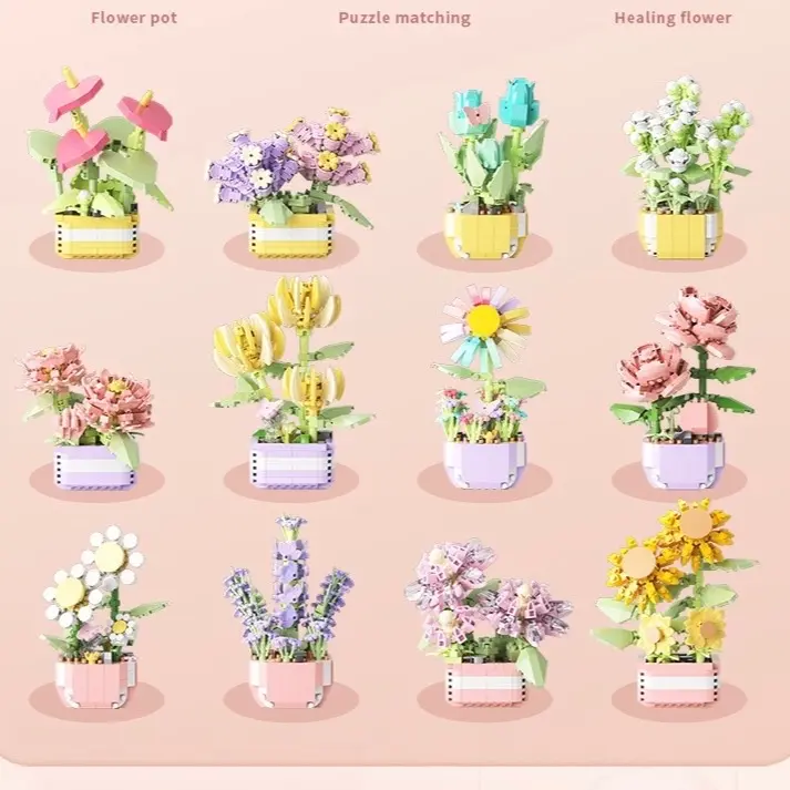 1 set random plant building toys, flower building bricks,creative flower pot design desktop kids diy 4