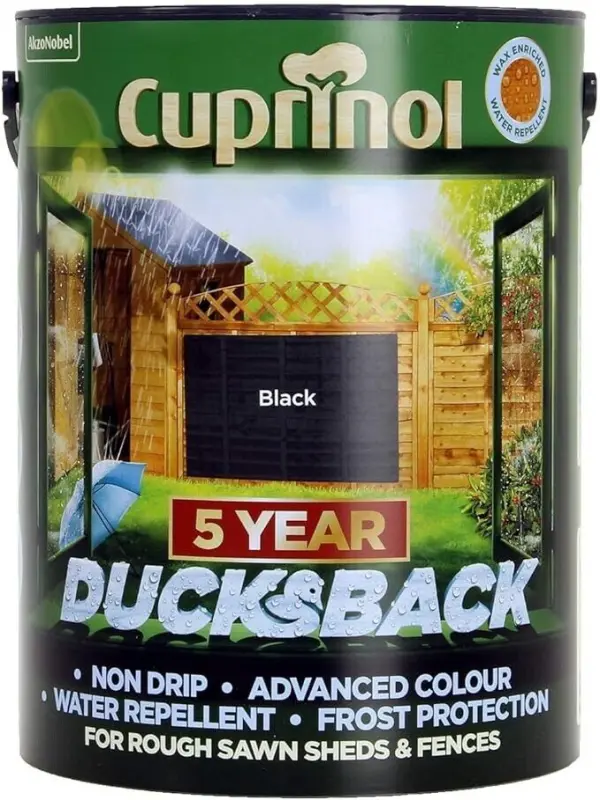 Cuprinol CUPDBBL5L 5 Year Ducksback Paint - Black For Rough Sawn Sheds & Fences