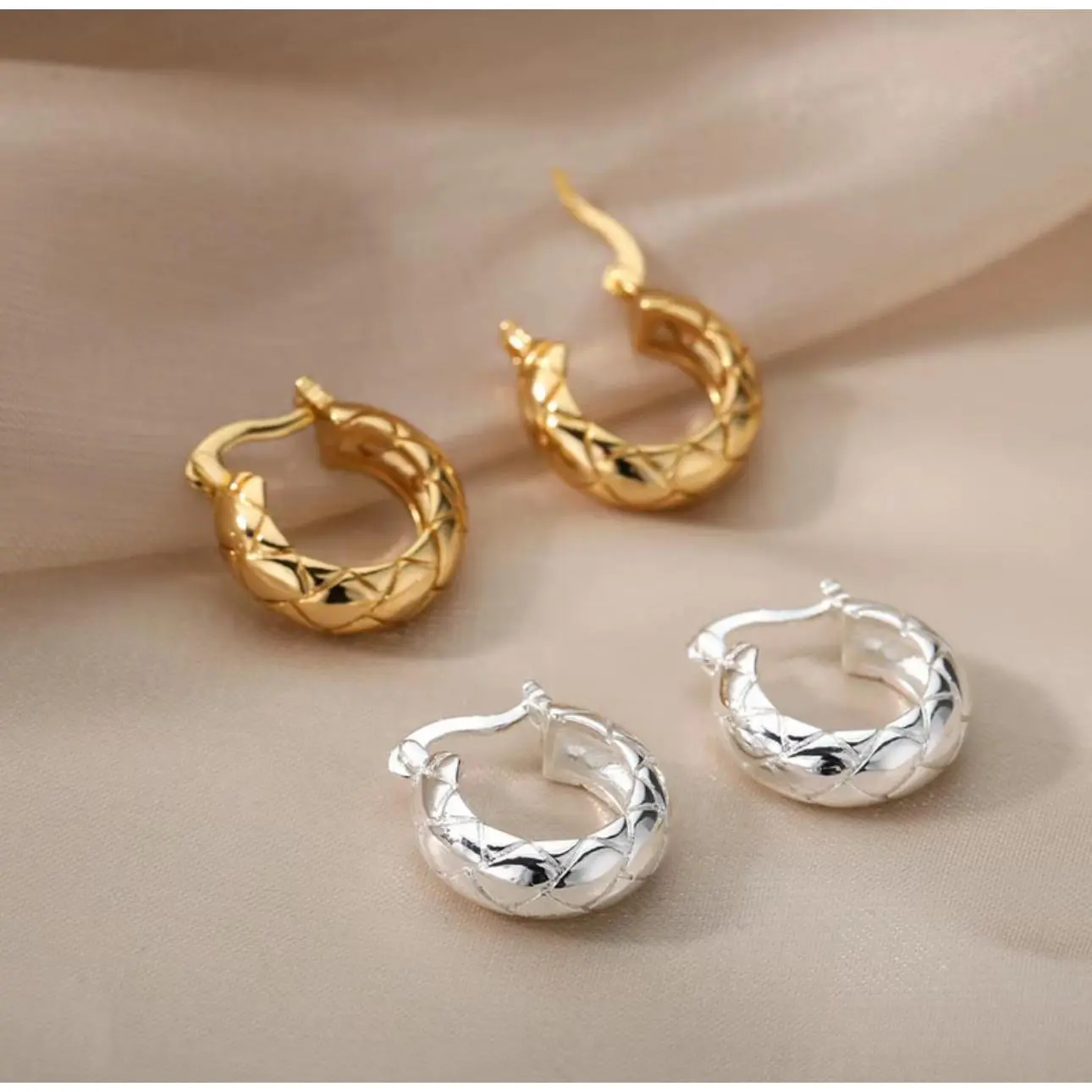 Luxe Quilted Hoop Earrings - Premium Metal Finish, French Lock Closure, Minimalist Chic for Women (Gold & Silver)