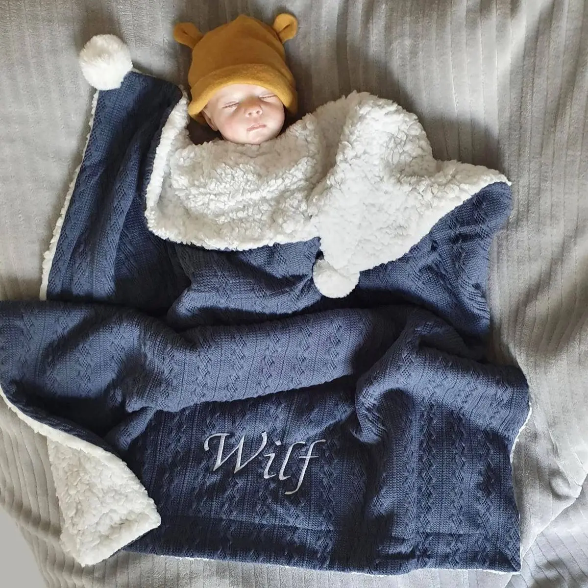 Personalised Baby Blanket in Steel Blue - Soft Cable Knit Fabric with Sherpa Fleece Lining