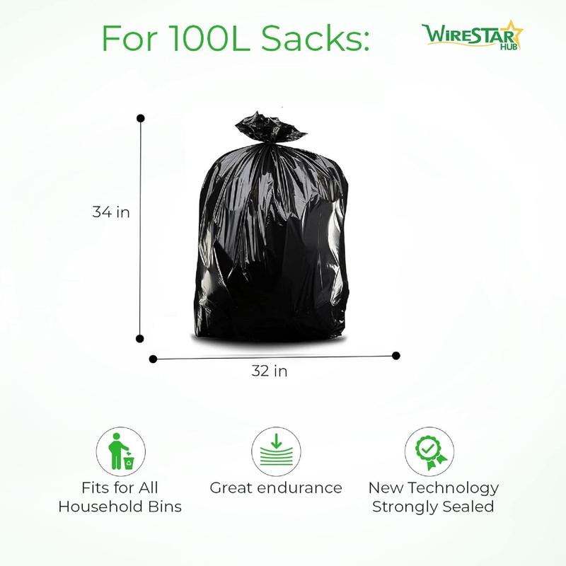 Wirestar Hub 100 Black Bin Bags – 100 Litre Heavy Duty Bin Liners - 100% Recycled - 140 Gauge, 35 Micron – Super Strong Refuse Sacks of Size (82 x 86 cm / 820 x 860 mm) Pack 0