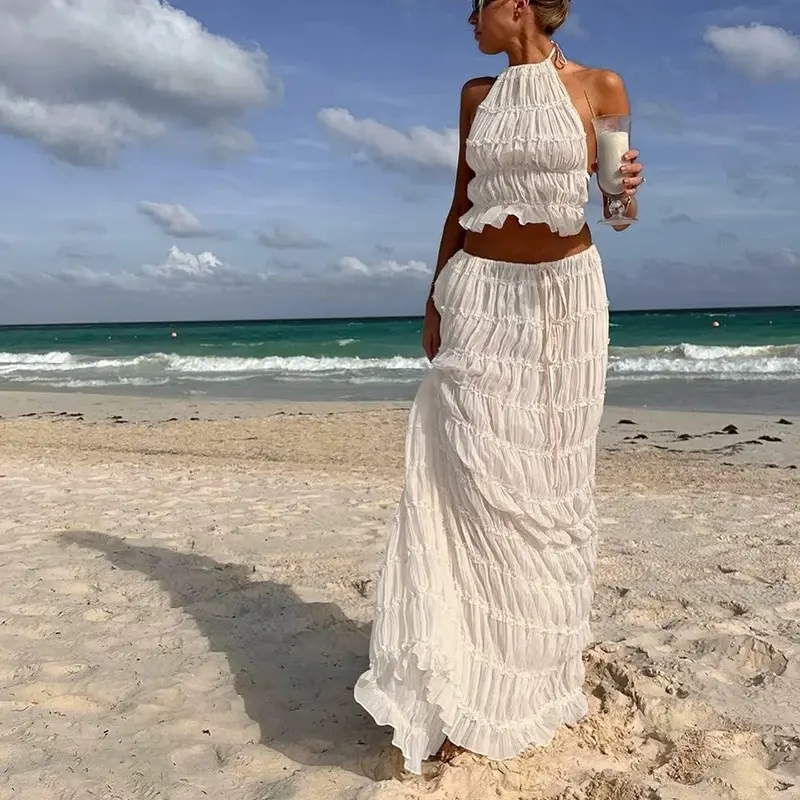Women slim fashion sexy backless set 2 piece beach holiday wear vintage pleated halter top + maxi skirt