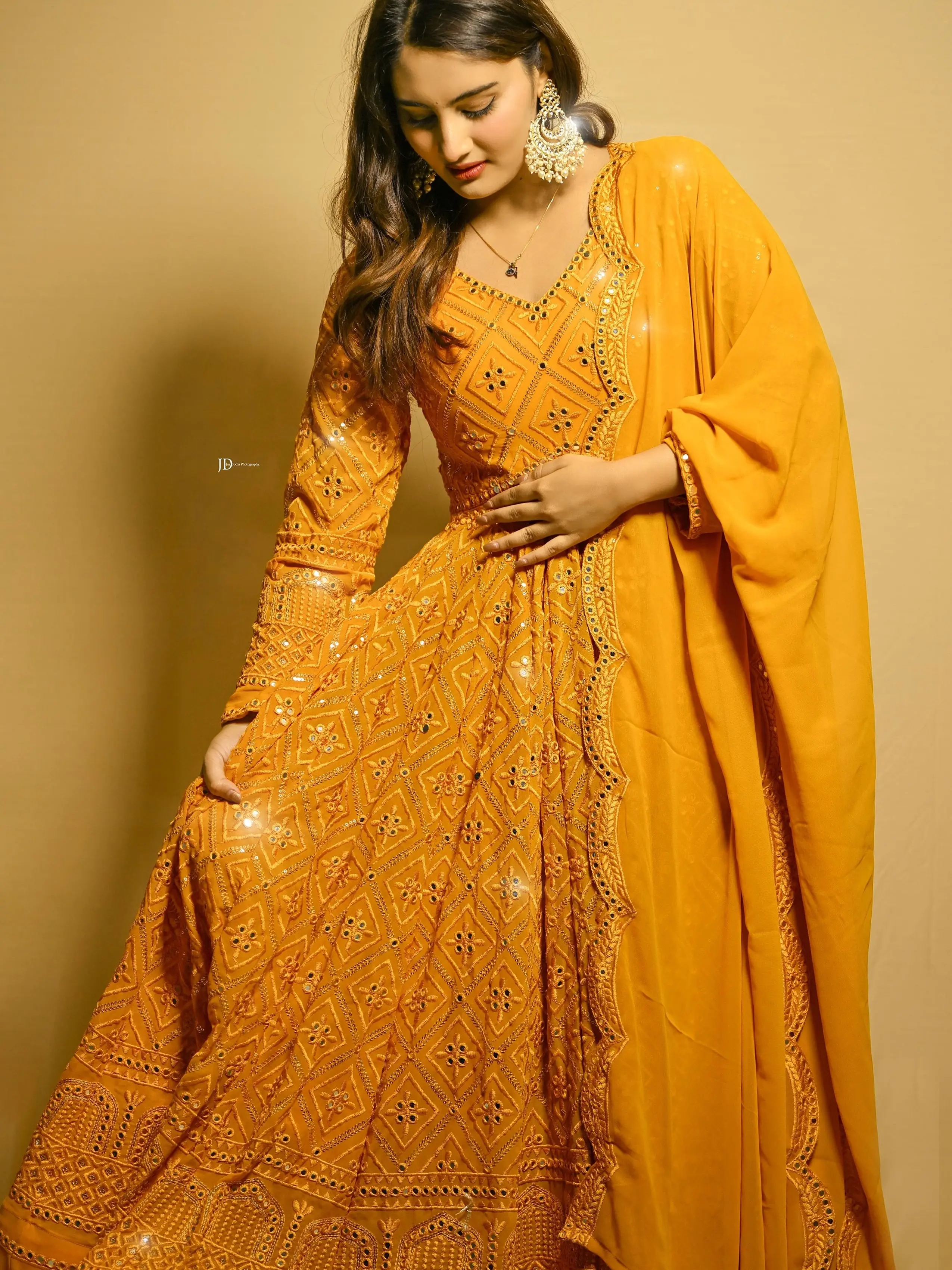 Mustard Yellow Luxury Georgette Heavy Anarkali Suit Set with Thread Embroidery - Top, Dupatta, Bottom/Pant - Formal, Womenswear, Faux, Sequins