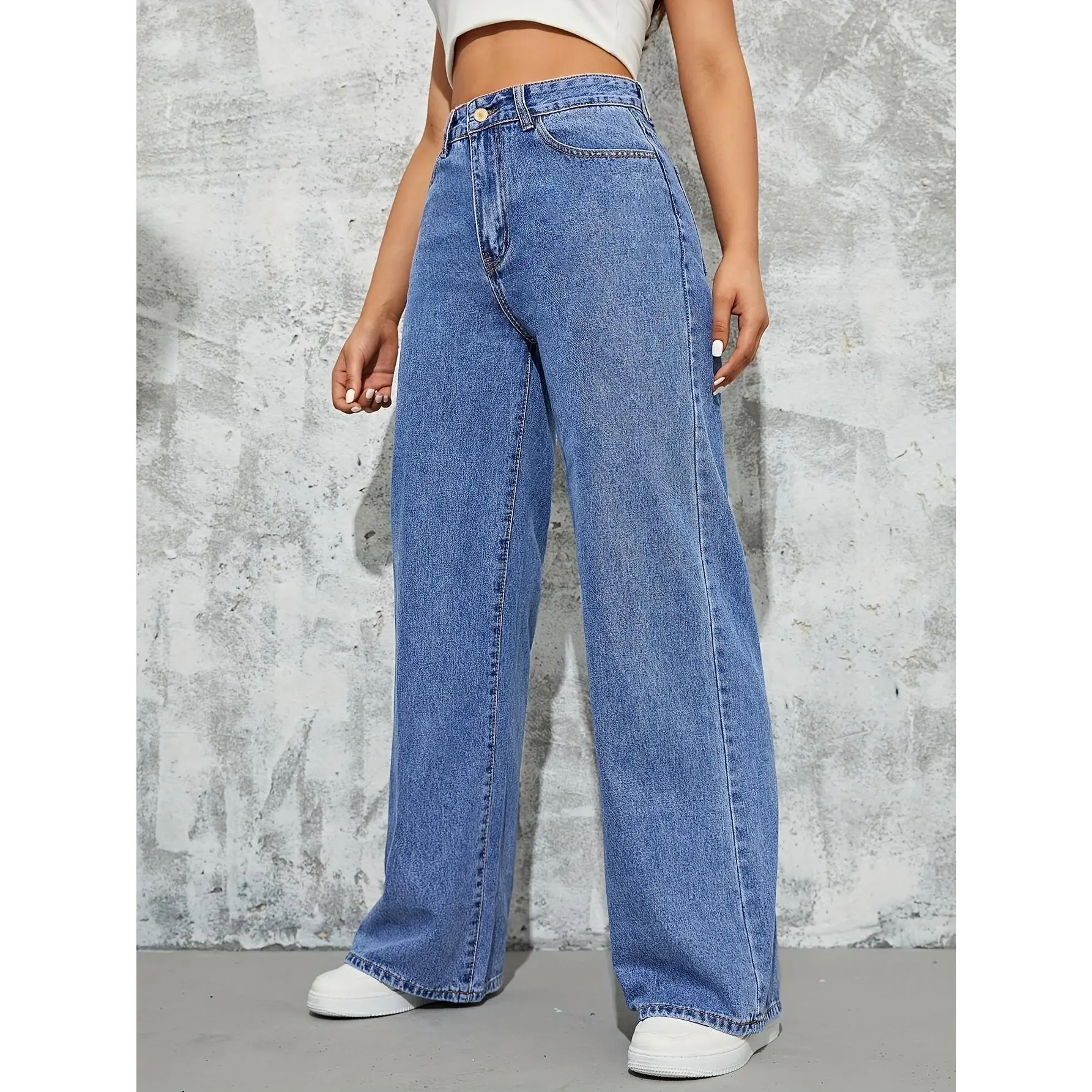 Women's Casual Cargo Denim Jeans - Mid Waist Elastic Button Detailed Solid Blue Cotton Blend Pants for All Seasons