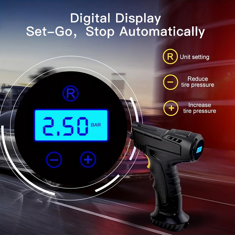 Portable Car Tyre Inflator, Air Compressor, Digital Handheld Electric Pump, LED Light, 3 Nozzle Adaptors, for Car, Motorcycle, Bicycle, Inflatables, DC 12V 5