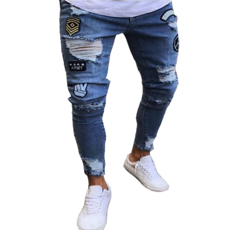 Fashion Men Slim Biker Ripped Long Denim Trousers Skinny Jeans Pocket Young Man's Jogging Pants Destroyed Stretchy Multiple color Pants 5