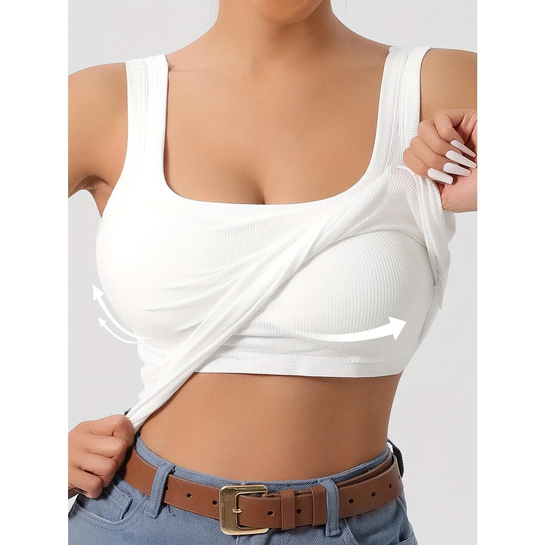 Simple Solid Square Neck Tank Top, All-match Ribbed Vest Top With Removable Chest Pad, Women's Lingerie & Underwear