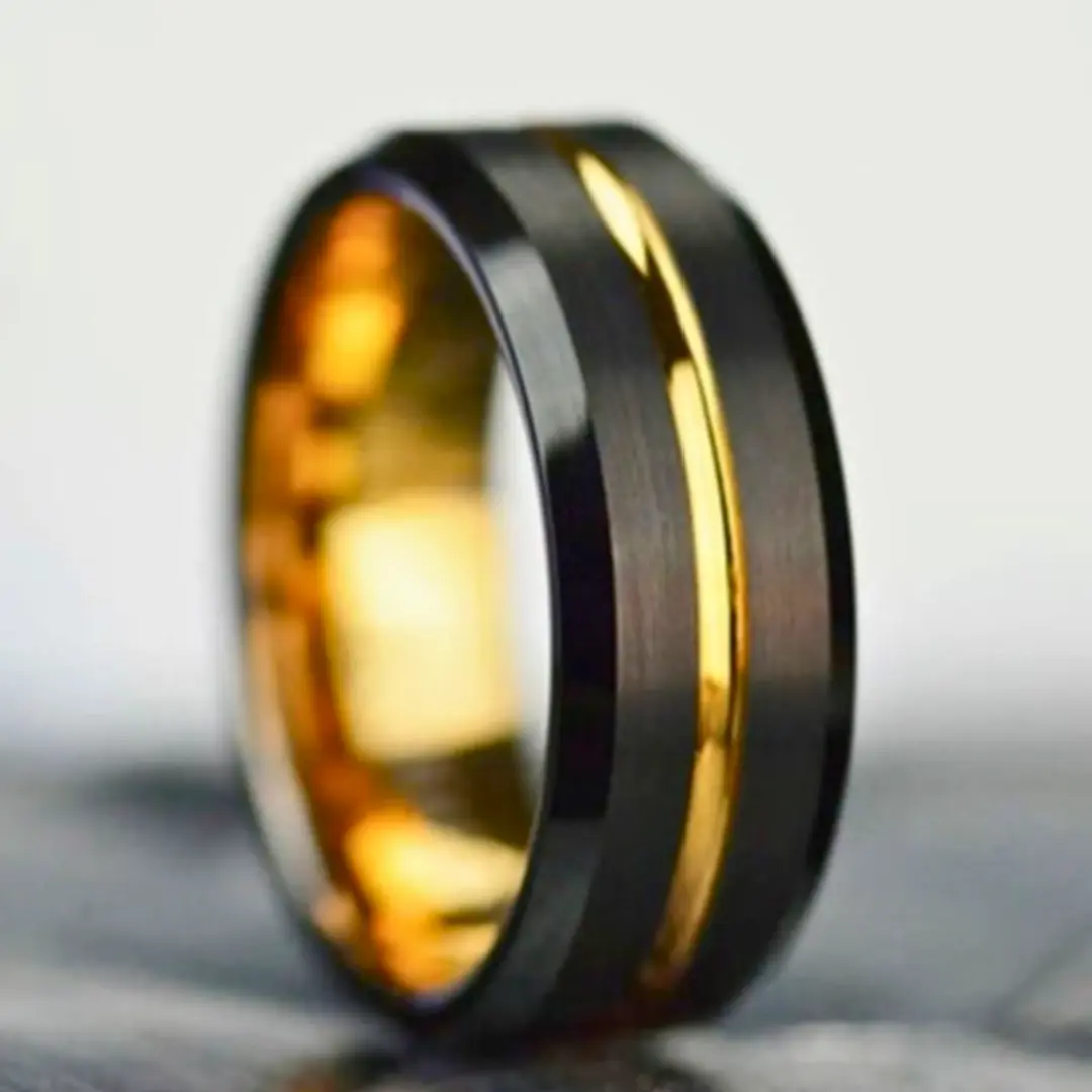 1 piece 8mm brushed black edge jewelry, tungsten ring with gold stripe center groove, men's wedding ring, suitable for all outfits, gift for Valentine's Day, birthday, party