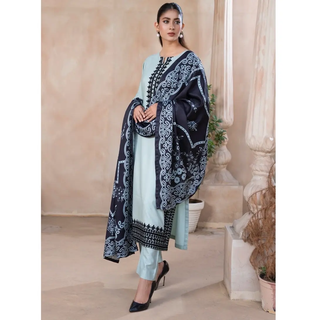 (Sea Green) 3 Pc Ready To Wear Dhanak Embroidered Suit -With Shwal Dupatta | - Raniya.H