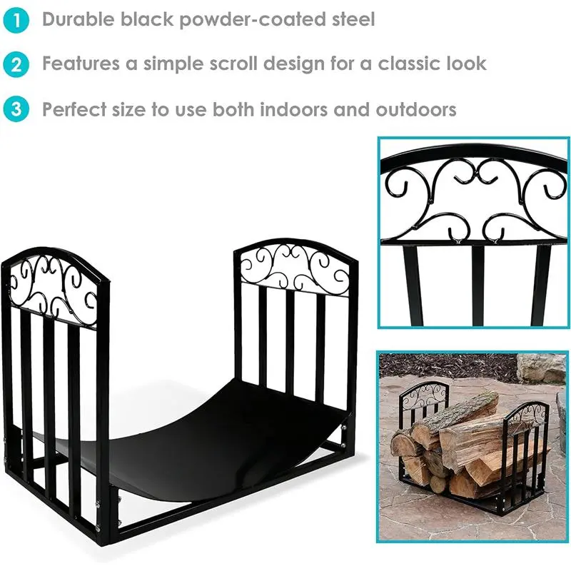 61 cm Firewood Log Storage Rack - Indoor/Outdoor Log Rack Black Powder-Coated Steel Decorative Fireplace Log Holder Metal Organiser Accessory Wooden 4