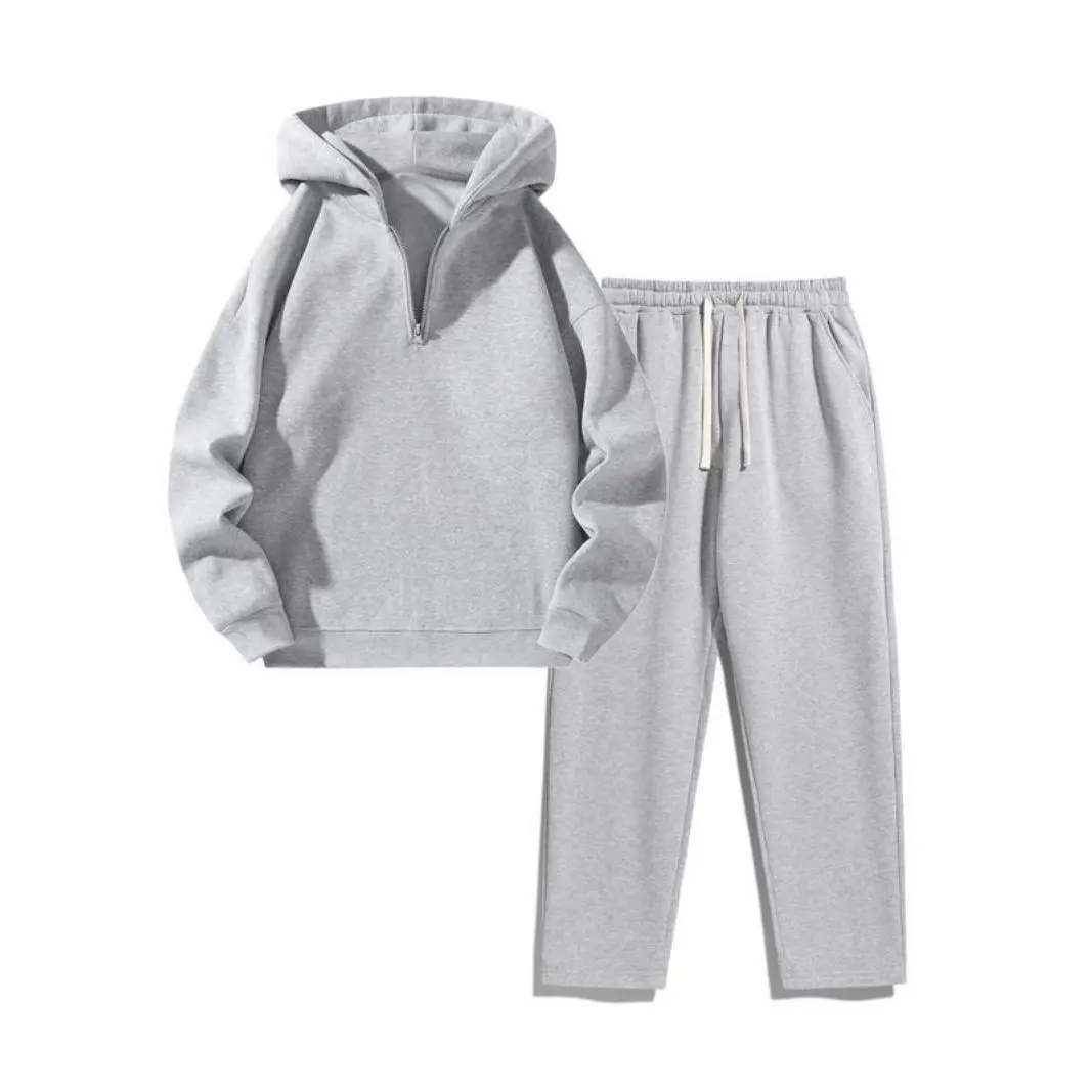 2 Pieces Unisex Men's Plain Two-Piece Set, Basic Regular Fit Drop Shoulder Half Zip Hoodie & Pocket Drawstring Sweatpants, Men's Outfits Set