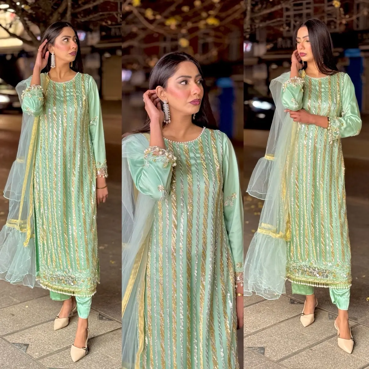 NET HANDMADE (SK-10) PAKISTANI/INDIAN TRADITIONAL CLOTHING HEAVY LONG SHIRT WITH HEAVY HANDWORK WITH SILK TROUSERS & DUPATTA