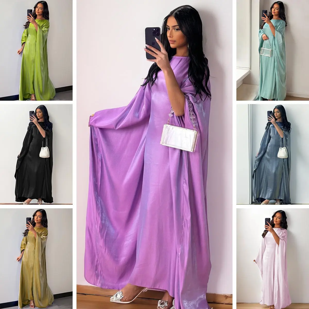 Women's Muslim Fashion Elegant Plain Scoop Neck Loose Sleeve Maxi Dress,Iridescent Fabric Islamic Clothing for Daily Wear,All-Match Women Teen Girls Clothes,Solid Color Dress for Daily Outdoor Wear,Modest Long Sleeve Outerwear for Women,Womenswear