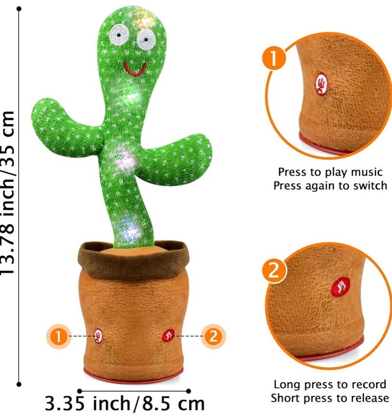 Product Introduction of Talking Dancing Cactus Toy Mimics Sounds | Plays 120 Songs, USB Rechargeable, Soft Plush, LED Lights, Baby Gift For Boys & Girls! Interactive Repeating Cactus 8