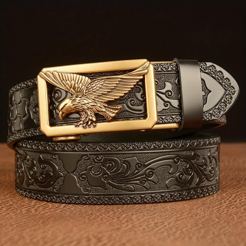 Product Introduction of 1PC Carved Cowhide Men's Autobuckle Belt, Vintage Style, Suitable for Casual & Business Wear, Great Gift for Husband and Father 6